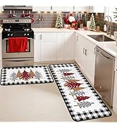 Buffalo Plaid Xmas Tree Merry Christmas Kitchen Rugs and Mats Set of 2, Winter Home Decor Low-Pro...