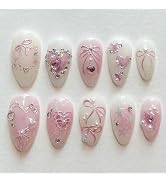 LBPEPAMZ Pink Press on Nails Medium Almond Fake Nails with 3D Heart Pearl Rhinestones Designs Whi...