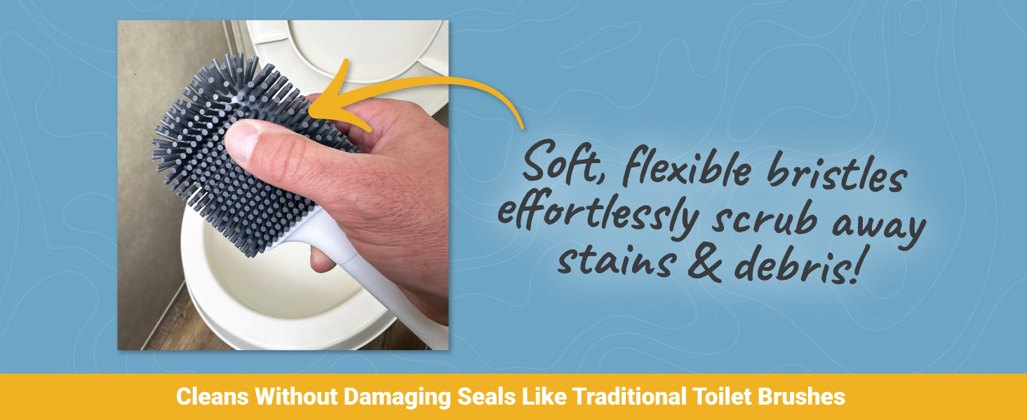 RV toilet and hand showing silicone bristles on toilet brush are soft and flexible