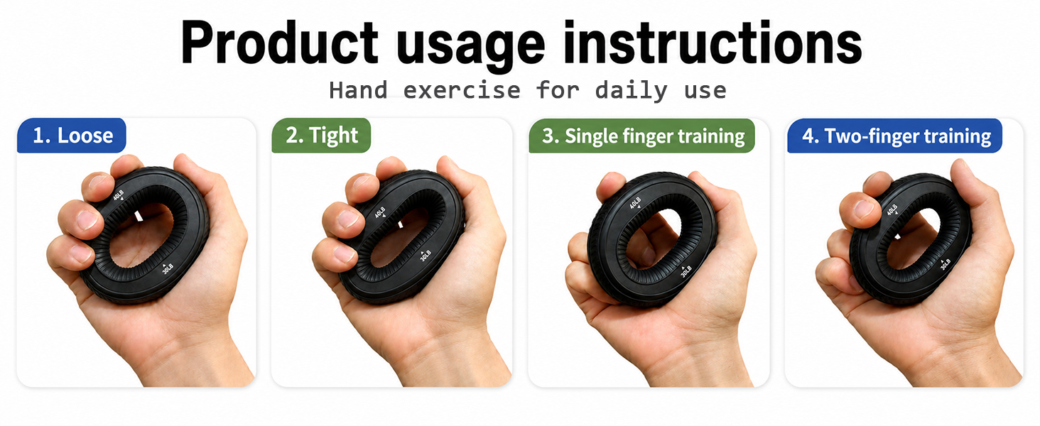 An adult hand holding a silicone grip ring in loose, tight, single-finger, and two-finger positions