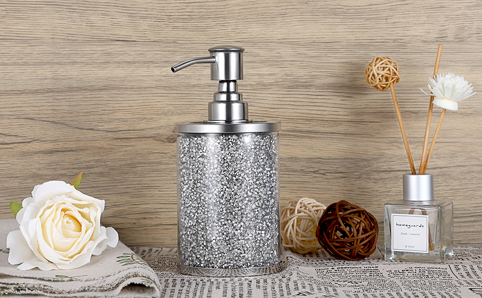 Sparky Glass Crushed Diamonds Soap Dispenser Bottle with Stainless Steel Pump