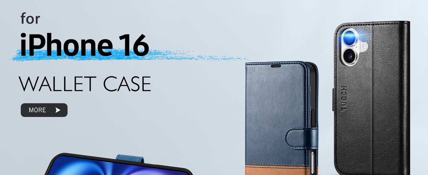 iPhone 16 wallet case in dark gray/black, featuring card slots and folio-style design, shown from multiple angles.