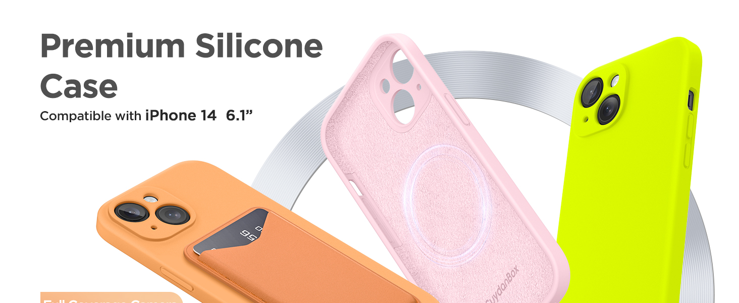 Silicone phone cases in pink, orange, and neon yellow for iPhone 14. Cases feature camera cutouts and textured surfaces, designed for 6.1-inch model compatibility.