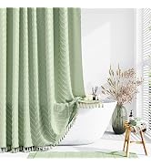 Dynamene Boho Farmhouse Shower Curtain, Sage Green Fabric Tufted Chevron Striped Textured Tassel ...