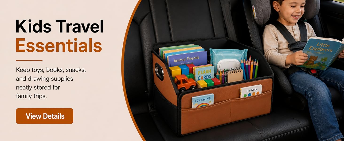 Car caddy organizer Keep toys, books, snacks, and drawing supplies neatly stored for family trips.