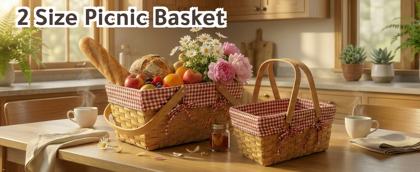 2 Sizes Picnic Basket, 16 in Woodchip Basket with Double Folding Handles