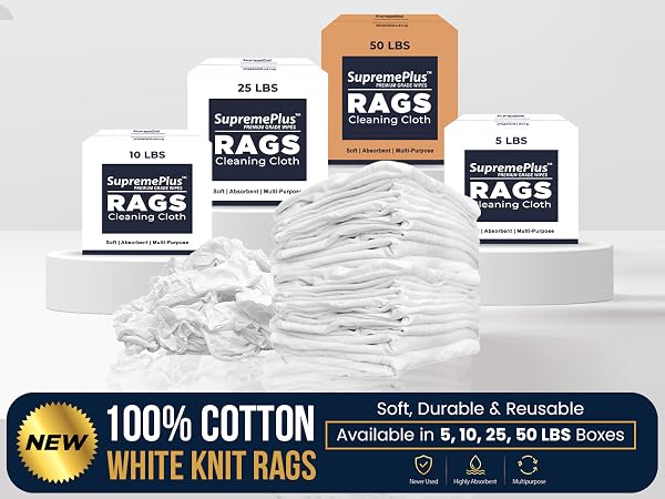 SupremePlus Premium New White Knit Cleaning Rags - Clean Up Oil, Grease, Stain & Paint