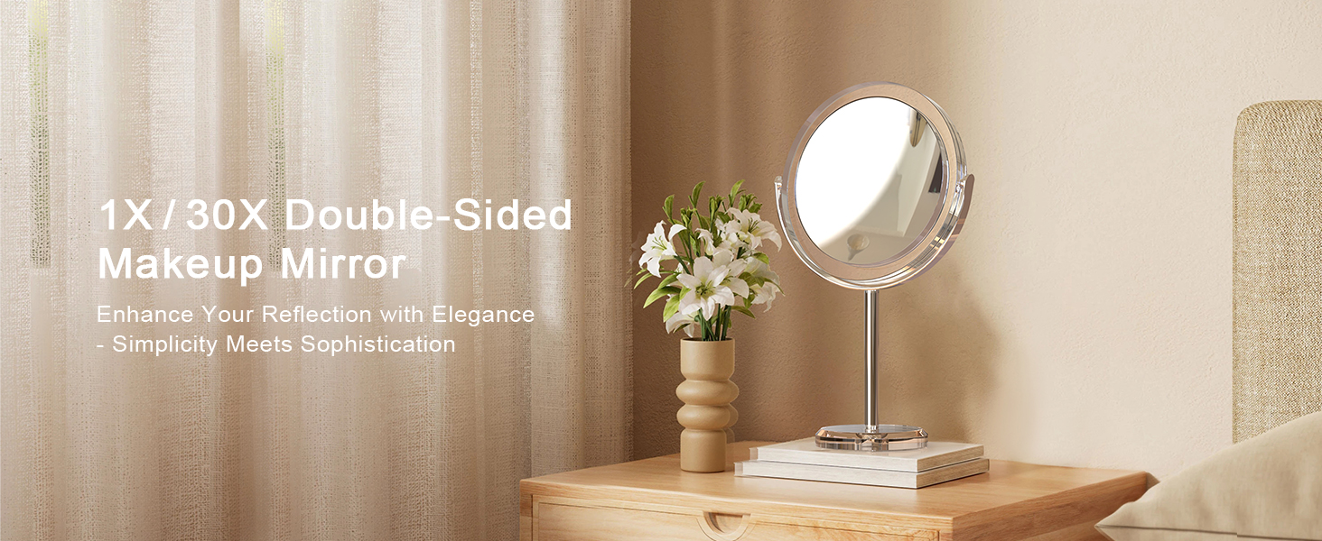 Dual-sided 1X/30X makeup mirror on bedside cabinet with elegant design