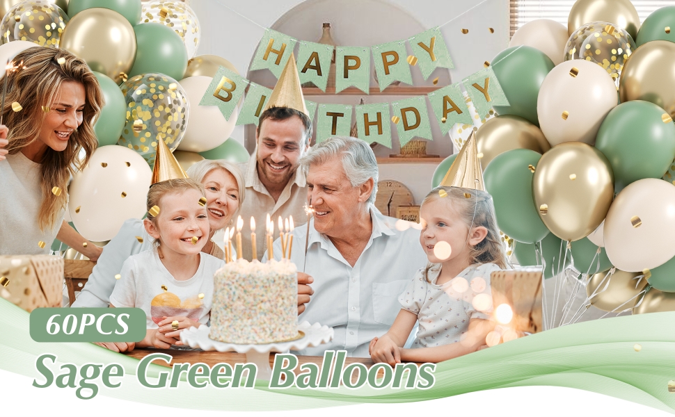 sage green and gold balloons
