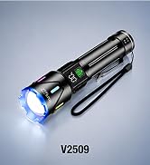 Text reads 'V2509.' Black and silver tactical flashlight with blue LED light beam active, includes wrist strap, displayed against gradient background.