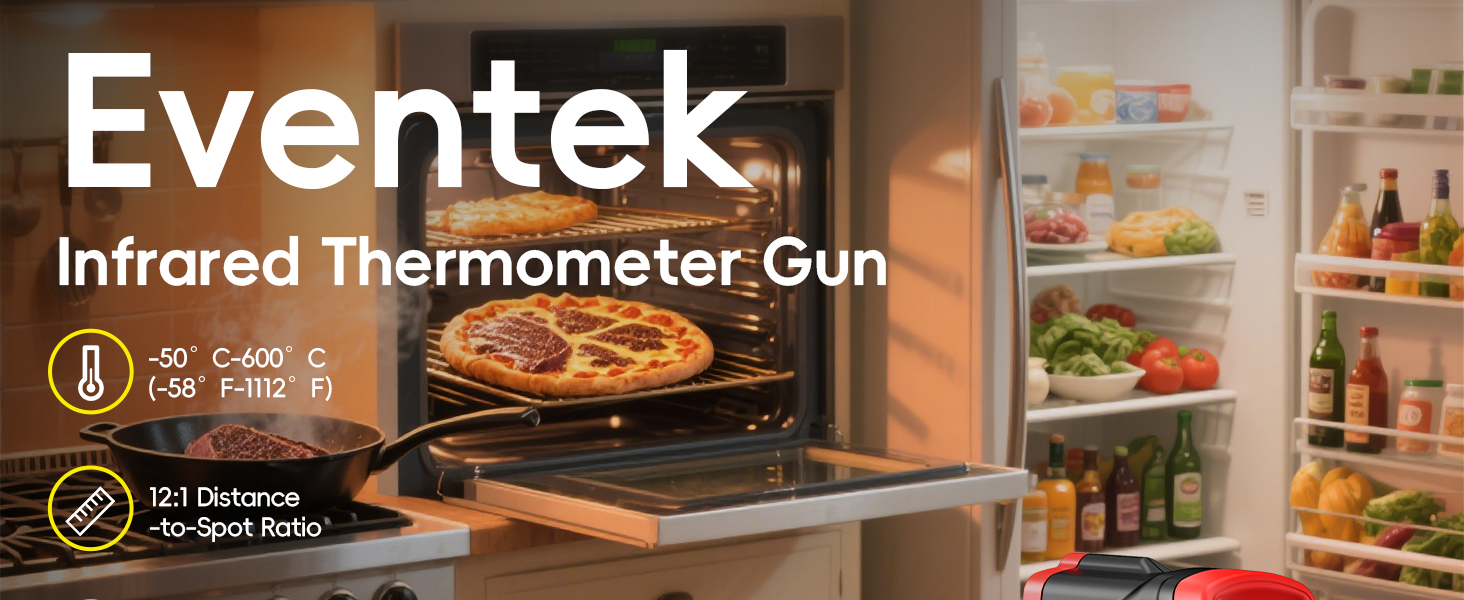 Text reads 'Eventek' and 'Infrared Thermometer Gun'. Multiple views of an infrared thermometer being used to measure temperature in kitchen and refrigerator settings.