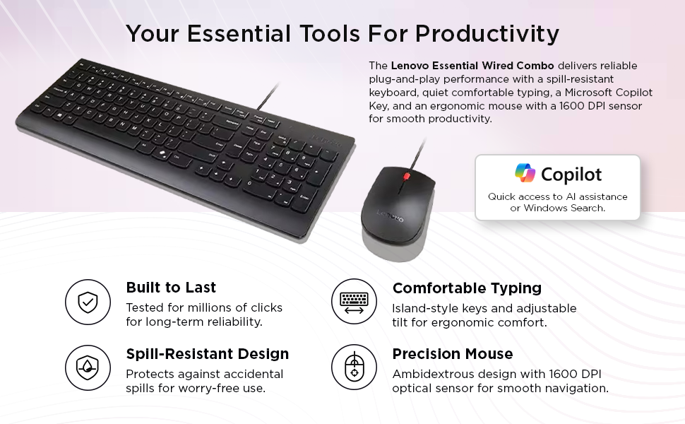 Lenovo Essential Wired Keyboard & Mouse Combo - Your Essential Tools For Productivity