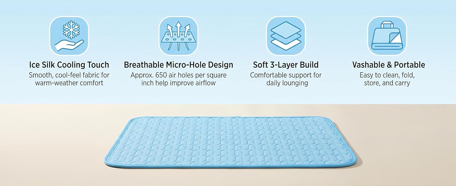 Ice Silk Cooling Touch,Breathable Micro-Hole Design,Soft 3-Layer Build,Washable & Portable