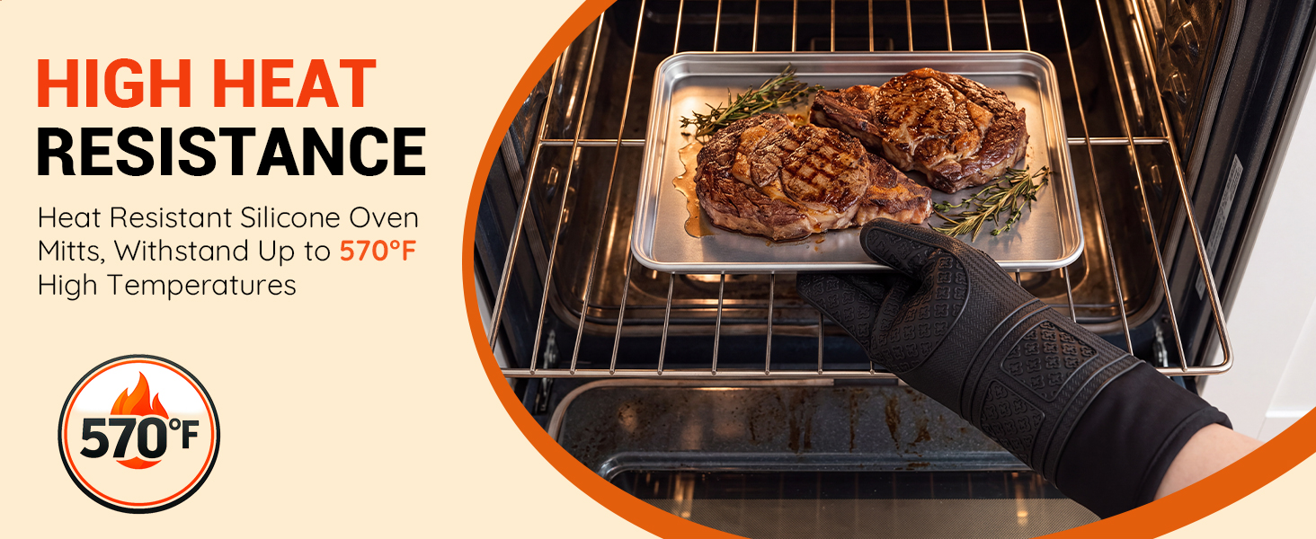 Heat Resistant Silicone Oven Mitts, Withstand Up to 570°F High Temperatures