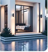 top left of up and down sconce life-style, luxurious, modern, great value, control able light color