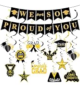 28pcs Black Gold We Are So Proud of You Banner, Graduation Banner with 12pcs Hanging Swirls Decor...