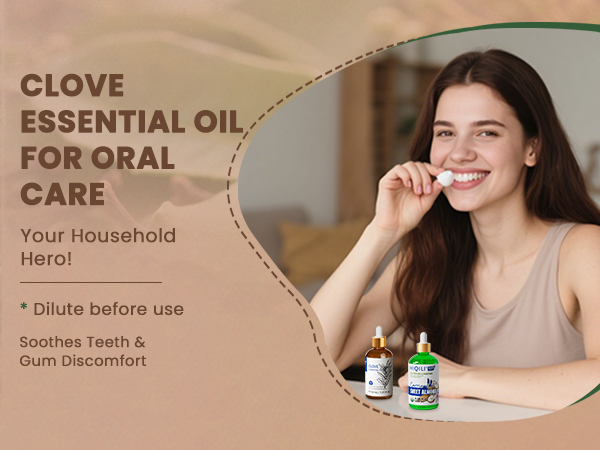 Text reads 'CLOVE ESSENTIAL OIL FOR ORAL CARE', 'Your Household Hero!', 'Dilute before use', 'Soothes Teeth & Gum Discomfort'. Product advertisement showing essential oil bottles.