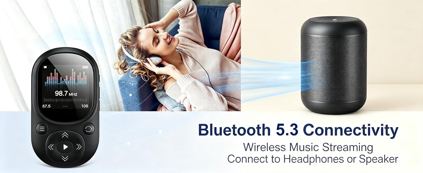 Bluetooth 5.3 MP3 player connecting wirelessly to Bluetooth speaker and headphones