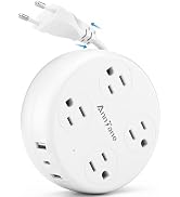 European Travel Plug Adapter - Retractable Power Strip with 4 AC Outlets & 3 USB Ports (USB-C), T...
