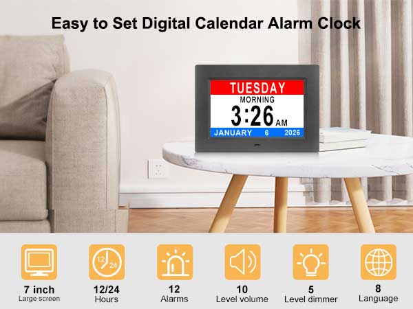 Extra large digital calendar day date time clock for impaired vision memory loss