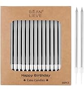 BEAN LIEVE 30-Count Silver Long Thin Metallic Birthday Candles, Cake Candles, Birthday Parties, W...