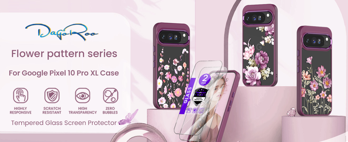 google pixel 10 pro xl case, Crystal Clear Flower Pattern,Purple