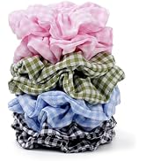 Satin Scrunchies for Women – 8PCS Plaid Mix (Light Blue, Black & White, Pink, Dark Green) Silk Ha...
