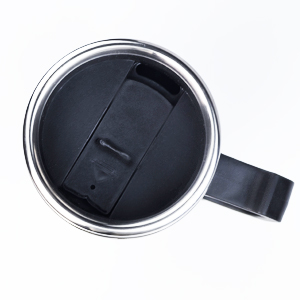 Black insulated travel mug with clear plastic lid. Mug has a handle and silver rim. Lid features a sliding closure mechanism for drinking.