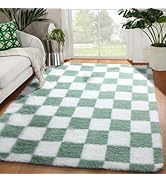 KICMOR 4x6 Rug for Bedroom Living Room, Fluffy Sage Green and White Checkered Area Rugs, Fuzzy Sh...