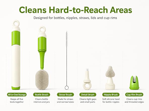 Silicone bottle and nipple brushes with precision tools