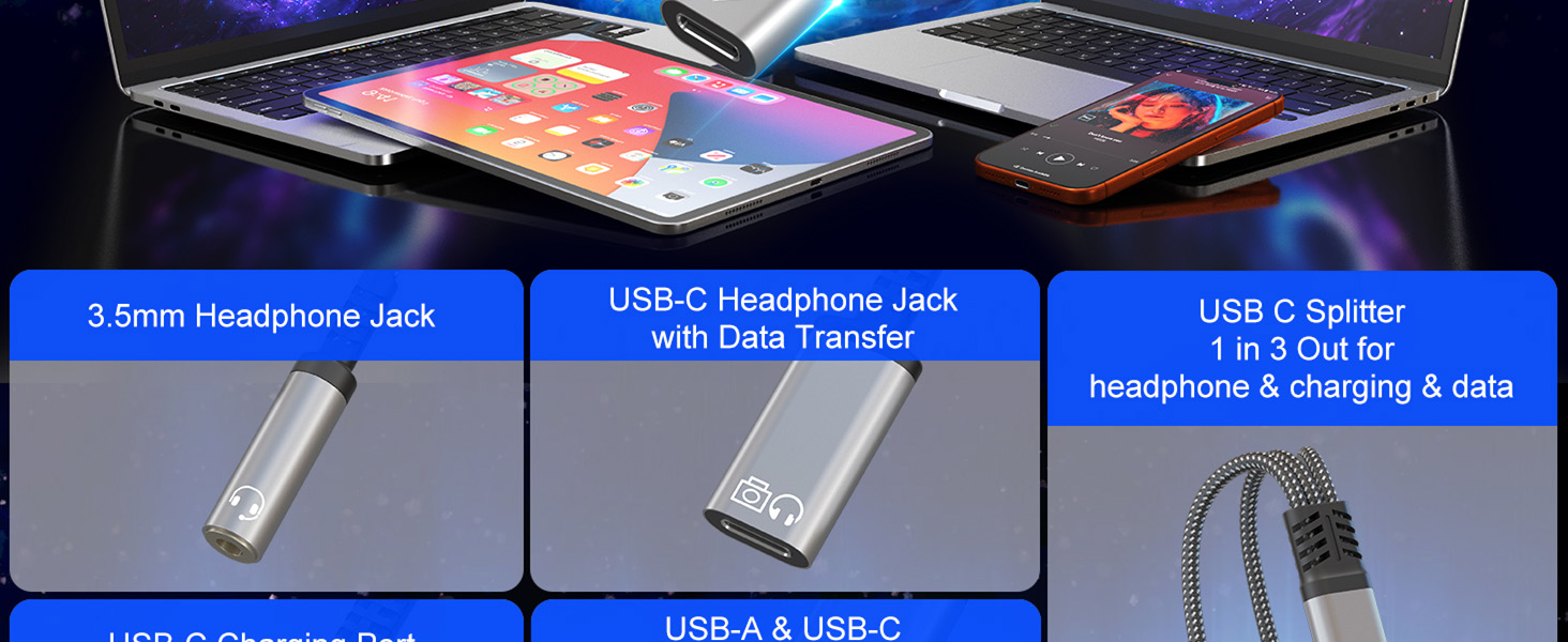 This usb c splitter 1 in 3 out for headphone and charging