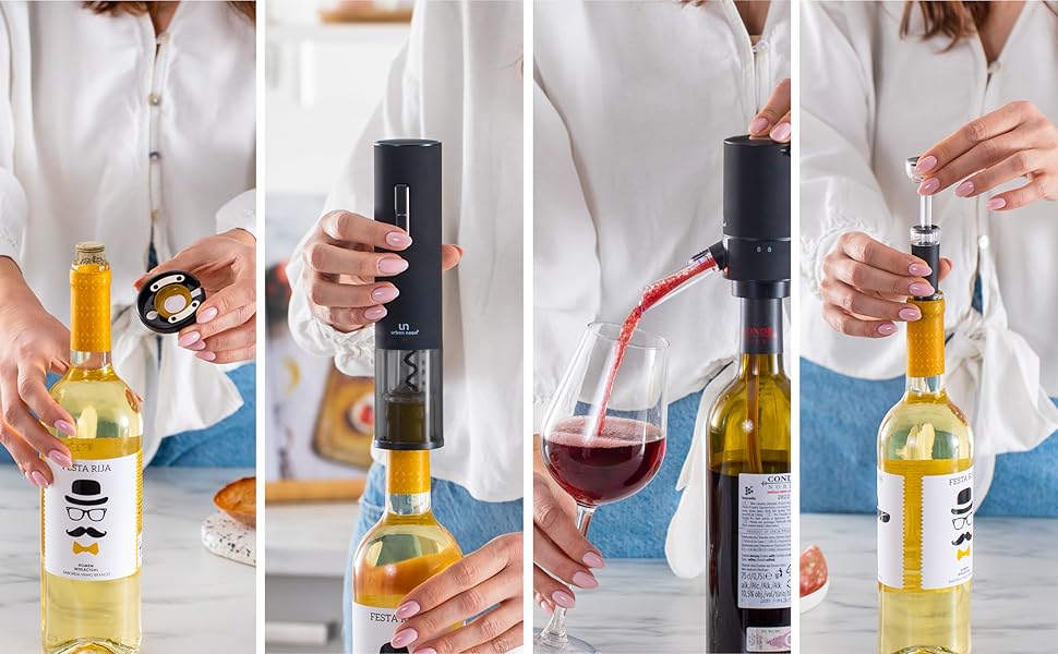 sequence of 4 images showing the wine opener wine aerator and pouring process and ease of use
