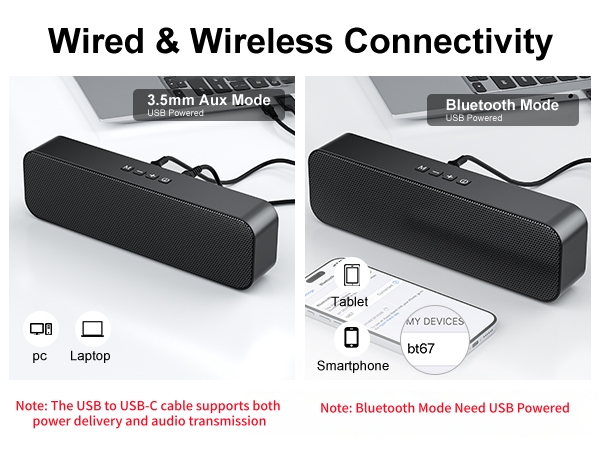 Computer speaker with wired 3.5mm AUX and wireless Bluetooth 5.3