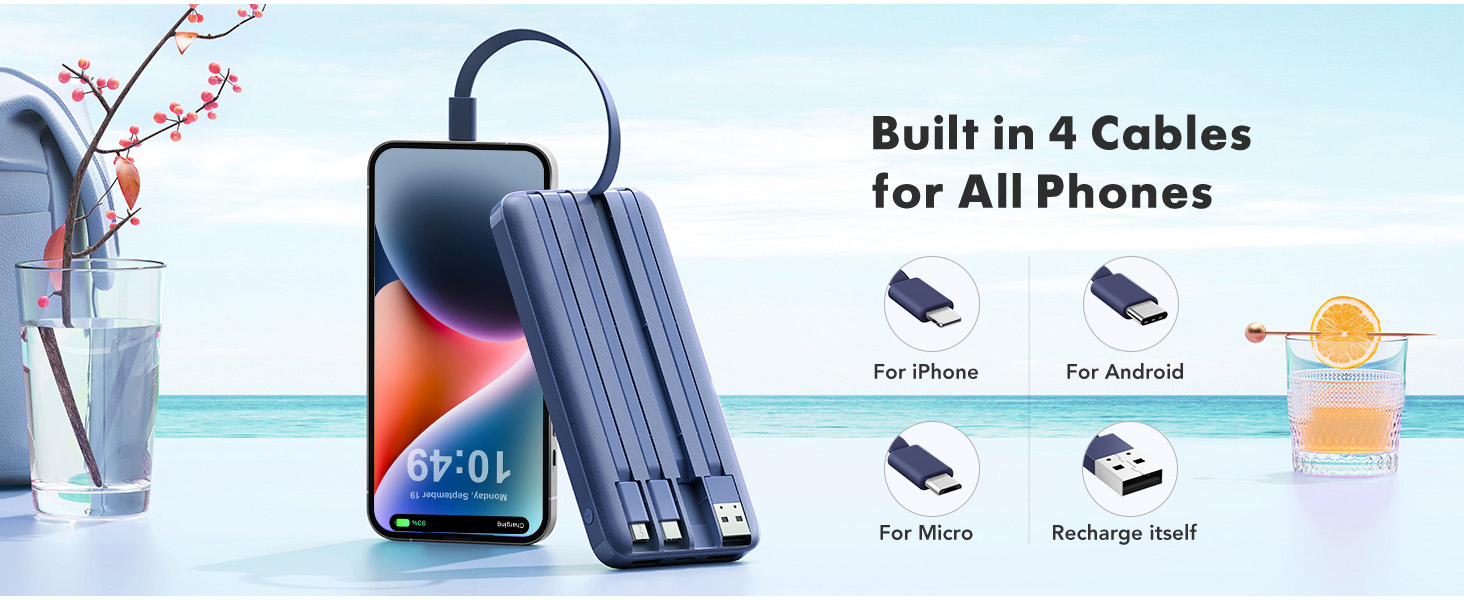 Text reads 'Built in 4 Cables for All Phones', 'For iPhone', 'For Android', 'For Type-C', 'For Micro'. Dark blue portable charging station with built-in cable connectors displayed with smartphone and decorative elements.