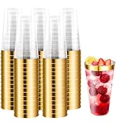 100 Pcs Gold Plastic Tumblers - 16 oz Clear and Gold Rim Plastic Wine Cups, Big Size Fancy Dispos...