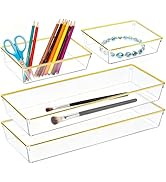 4 Pack Large Size Clear Stackable Drawer Organizer Trays, Gold Rim Makeup Drawer Storage Tray Div...