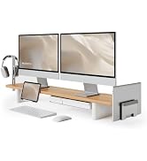 Fenge Modular Dual Monitor Stand Riser with Solid Ash Wood Leg, 42.5" Oak | Metal Storage Drawer,...