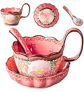 Soup Bowls with Handles, 3Pcs Ceramic Pink Plates and Bowls Sets with Cup, Spoon & Plate, Soup an...