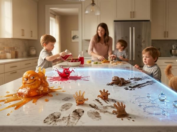 Family in kitchen, countertop shown with different characters representing different types of messes