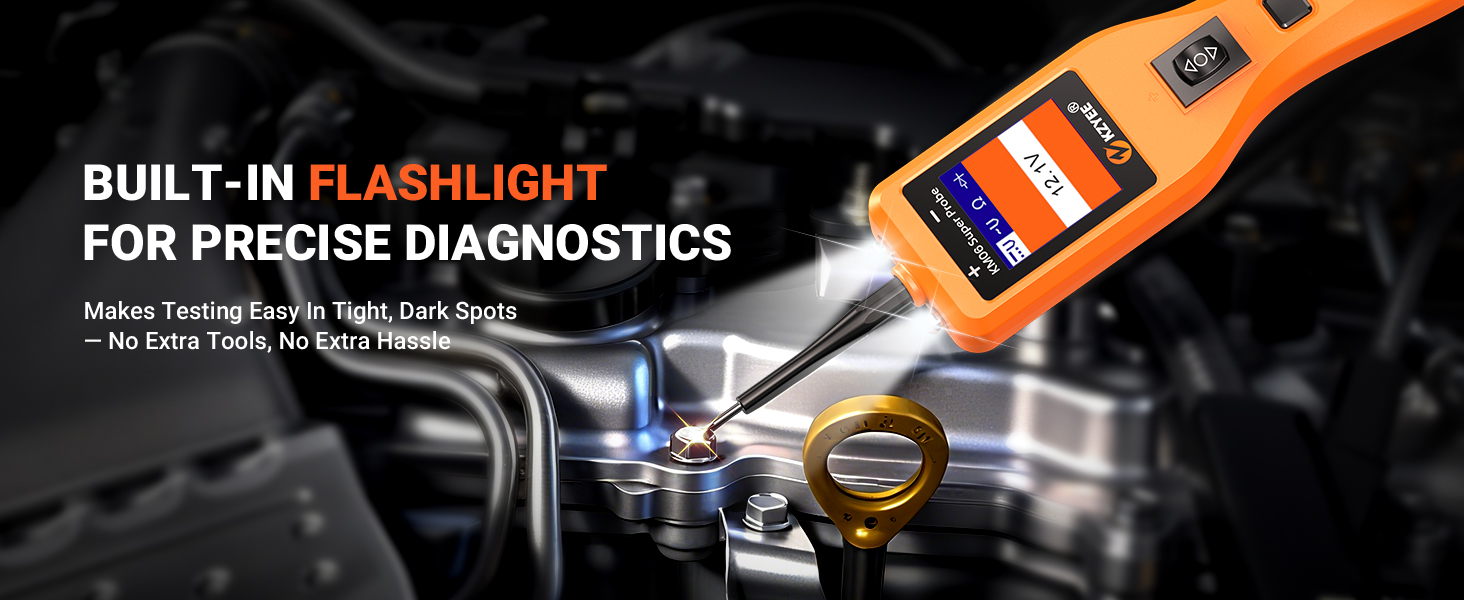 Automotive circuit test tool with a built-in flashlight for clear checks in dark engine areas