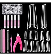 MORGLES Half Cover Coffin Nail Tips Set, 500 Pcs Clear Acrylic Nail Tips, with Glue, Clipper, Fil...