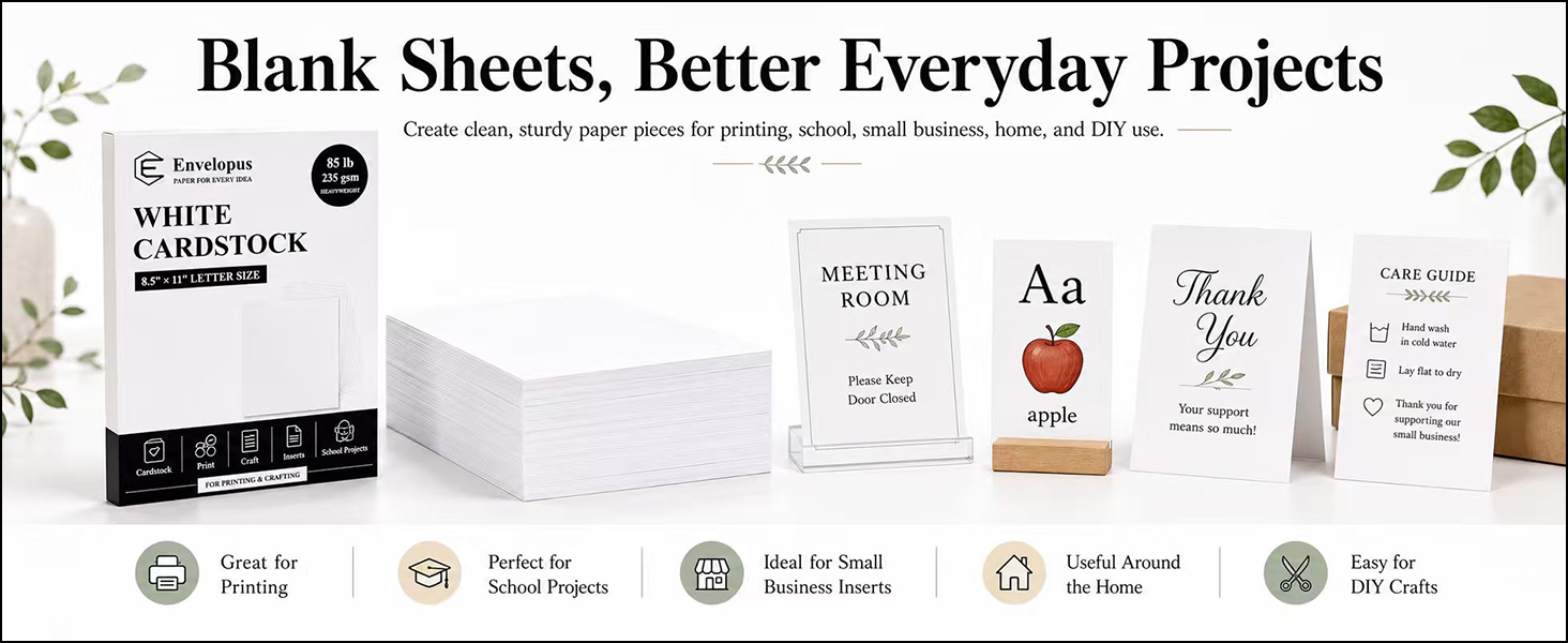 Envelopus white cardstock paper for printing, school projects and crafts