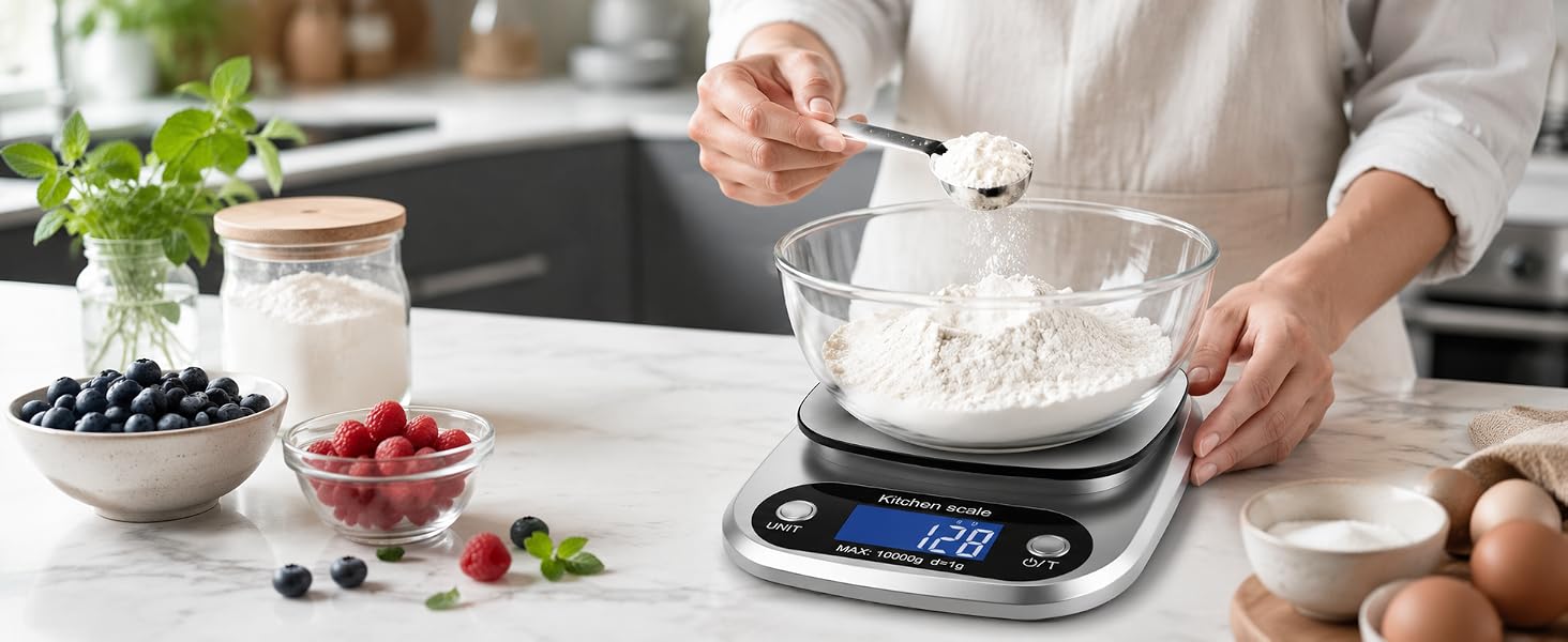Digital kitchen scale used for accurate ingredient weighing in a modern home kitchen.