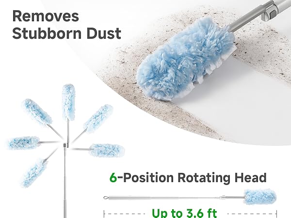 Microfiber duster head trapping stubborn dust on a flat surface, showing effective dust