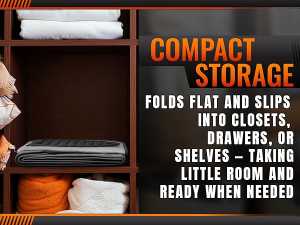 ironing mat for sewing folded neatly and stored in closet shelf with towels and blankets
