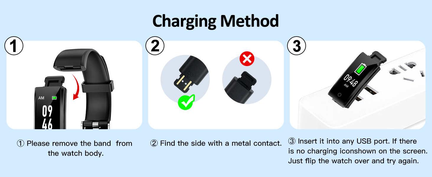 Instruction diagram showing three-step charging method for a smart device with band, including band removal, USB connection, and charging position.