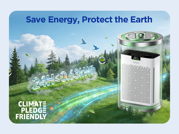 Energy efficient purifier with Climate Pledge Friendly certification to save electricity and cost