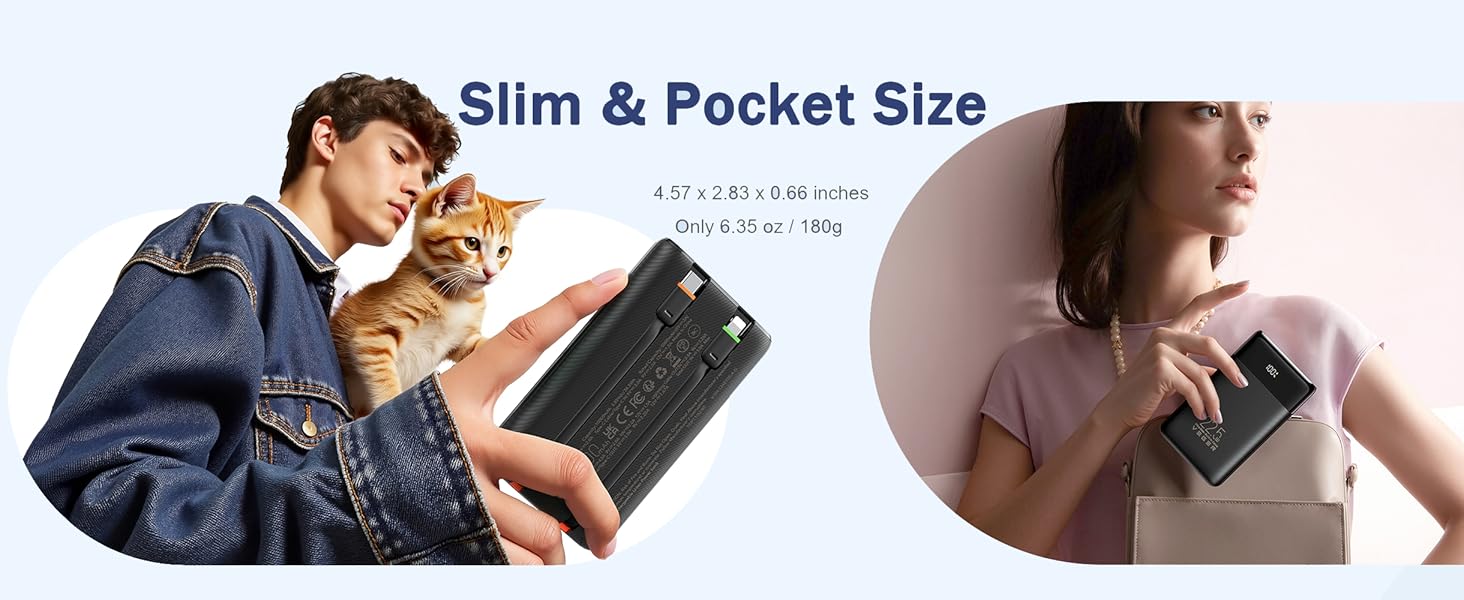 Slim Portable Charger, Pocket Size, Weighing 6.35 oz/180g, measuring 4.57 x 2.83 x 0.66 inches