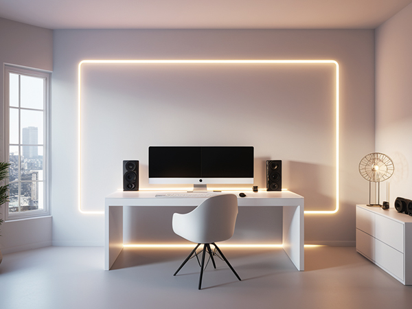 Modern minimalist workspace with white desk, ultrawide monitor, speakers, and LED backlight creating rectangular frame on wall