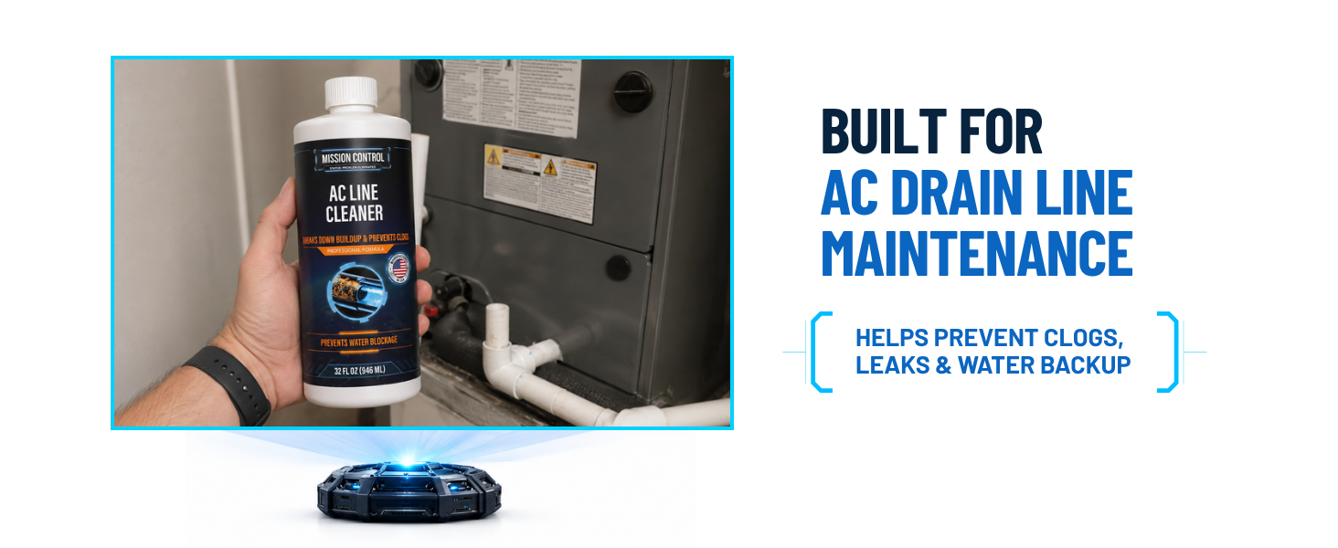 Easy no-mix AC line cleaner unclogs condensate drains and prevents AC water overflow